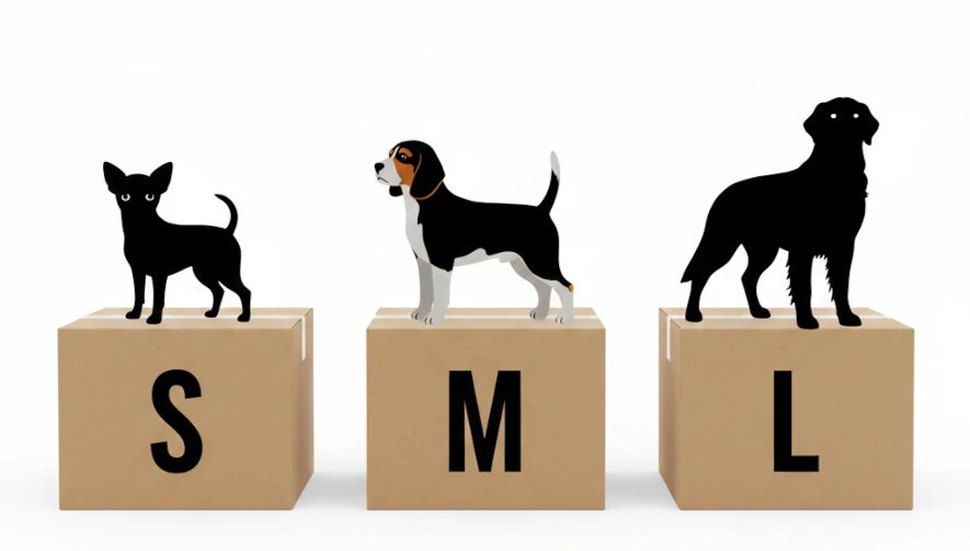 Visuell jämförelse av små, medelstora och stora prenumerationsboxar för hund, anpassade efter olika hundstorlekar.